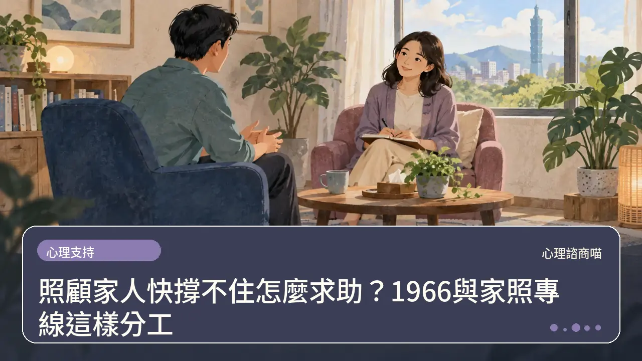 照顧家人快撐不住怎麼求助？1966與家照專線這樣分工主題插畫