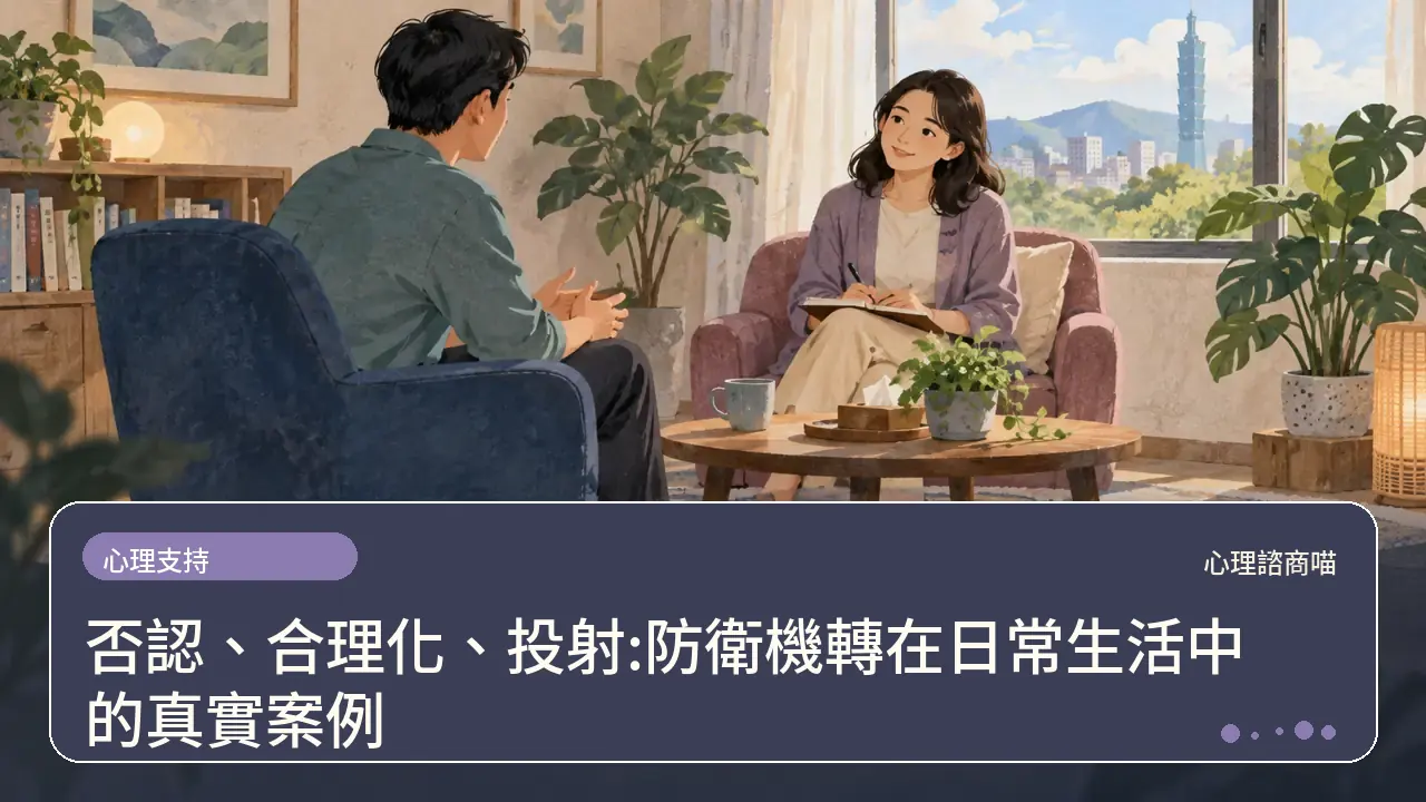 否認、合理化、投射:防衛機轉在日常生活中的真實案例主題插畫