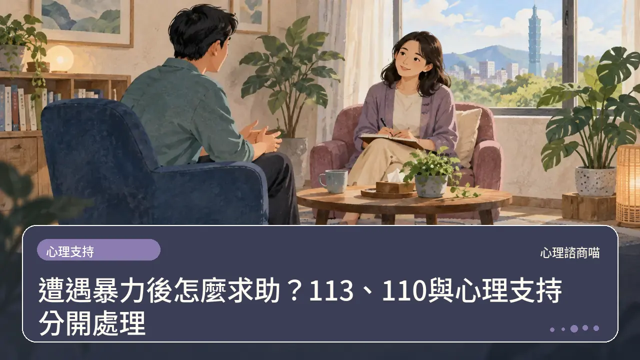 遭遇暴力後怎麼求助？113、110與心理支持分開處理主題插畫