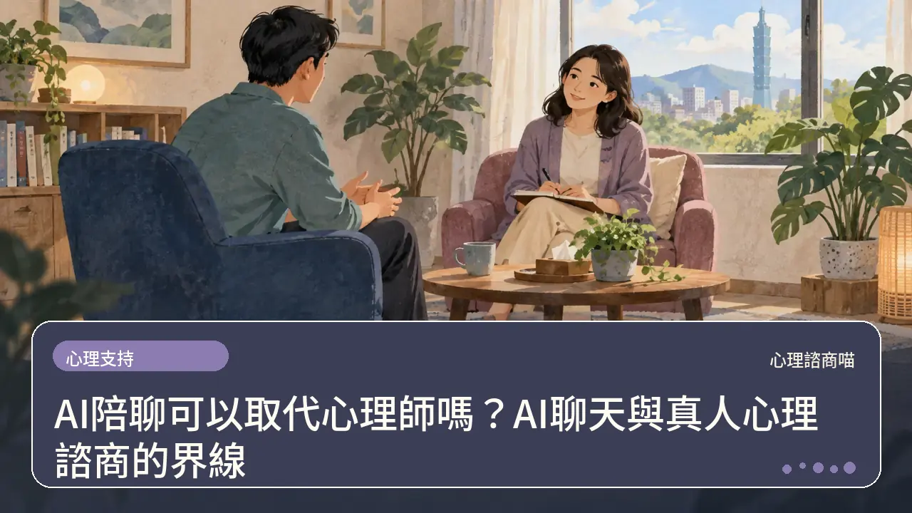 AI陪聊可以取代心理師嗎？AI聊天與真人心理諮商的界線主題插畫