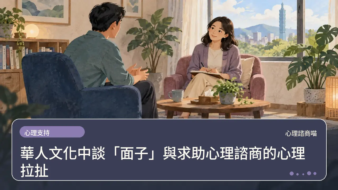 華人文化中談「面子」與求助心理諮商的心理拉扯主題插畫