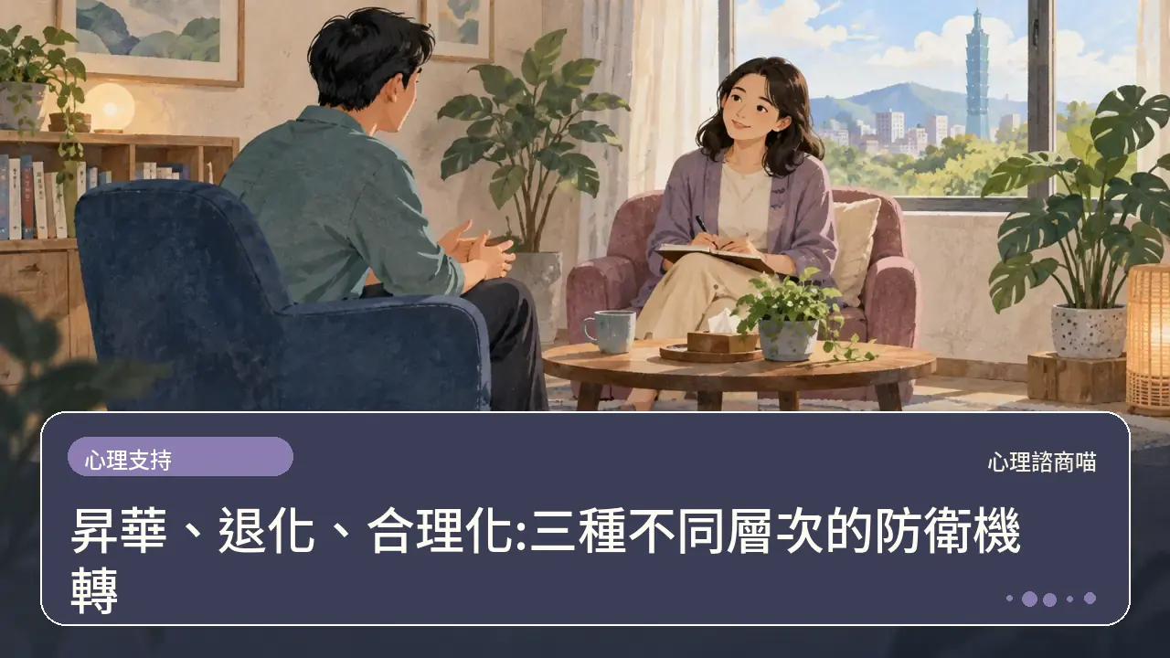 昇華、退化、合理化:三種不同層次的防衛機轉主題插畫