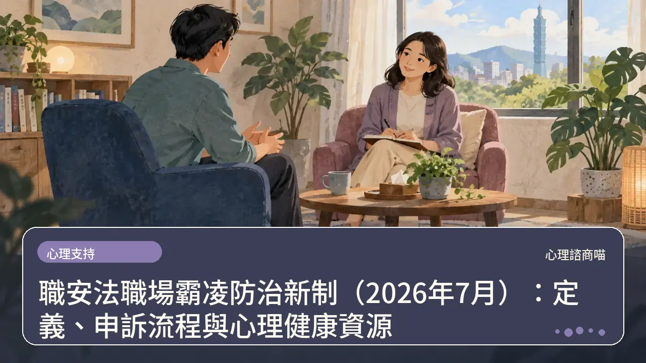 職安法職場霸凌防治新制（2026年7月）：定義、申訴流程與心理健康資源主題插畫