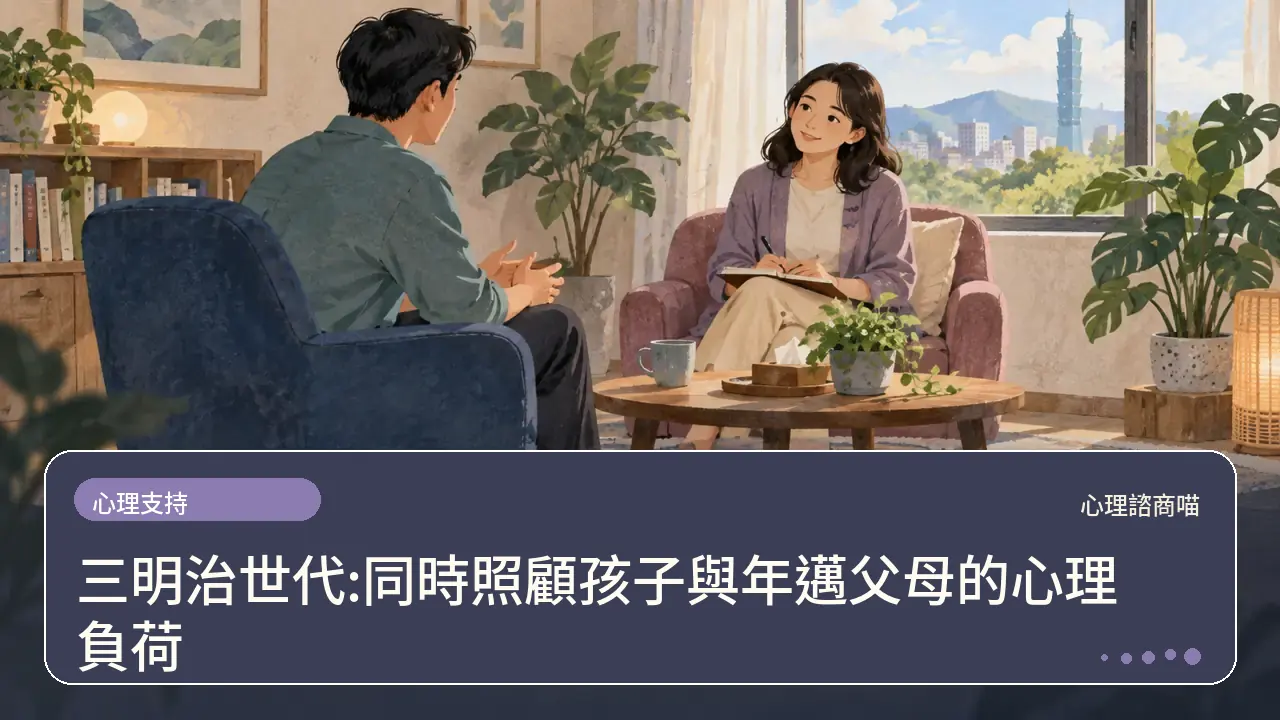 三明治世代:同時照顧孩子與年邁父母的心理負荷主題插畫