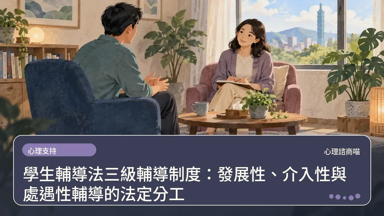 學生輔導法三級輔導制度：發展性、介入性與處遇性輔導的法定分工主題插畫